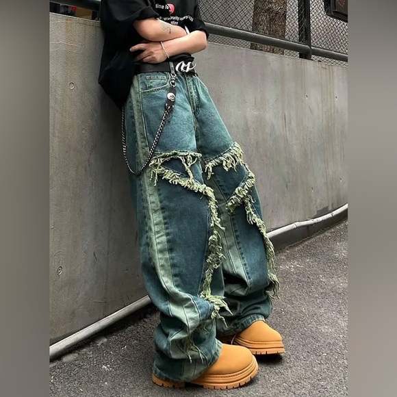 Y2K Baggy Skater Jeans Hip Hop Wide Leg Fringe Patchwork Denim XS (Fits S) New - Picture 3 of 7